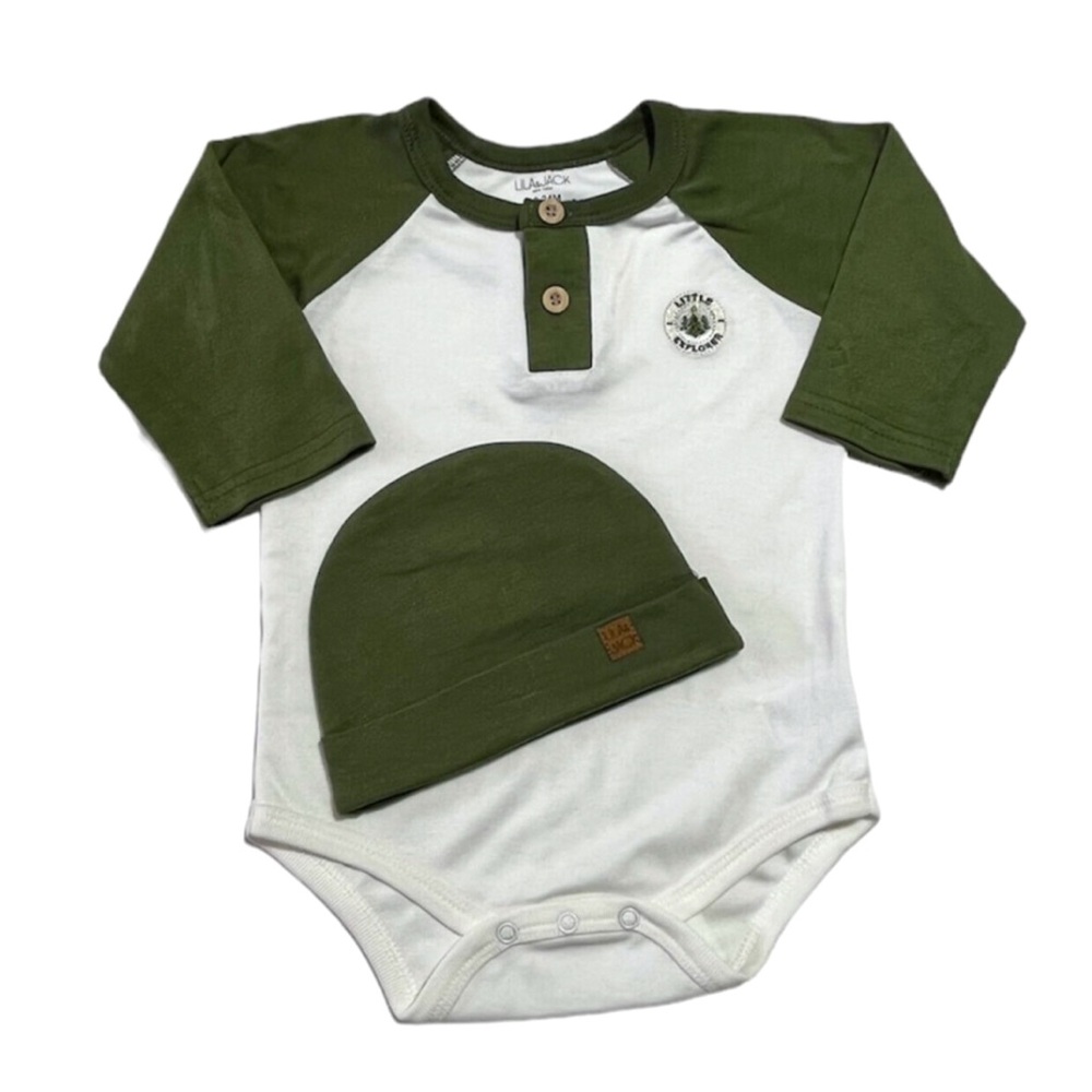 NEW! Lila & Jack “Little Explorer” raglan bodysuit & hat outfit 18-24 months